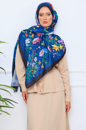 Çiçek Desen Pamuk Soft Şal 65355 - Lacivert