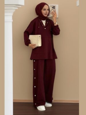 Premium Oysho Çıtçıtlı ı İkili Takım TK100242  - Bordo