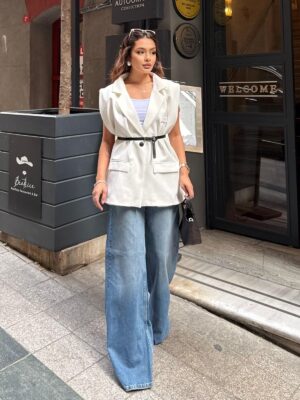 Vatka Detaylı Yelek (Kemer Hediyeli)  DŞ100298 - Beyaz