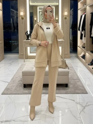 Oysho Fermuarlı Basic İkili Takım TK2962  - Taş