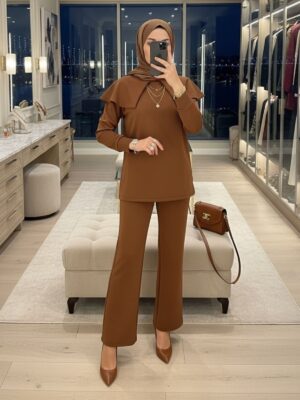 Oysho Omuz Pelerin Detay İkili Takım TK100360  - Taba