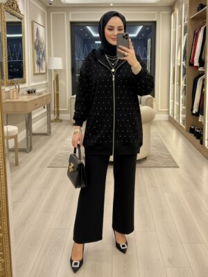Taşlı Kapüşonlu Sweat Hırka HRK100365  - Siyah