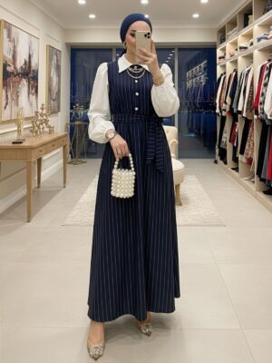 Milla Çizgili Jile Elbise (Şal Hediye)  ELB100404  – Lacivert