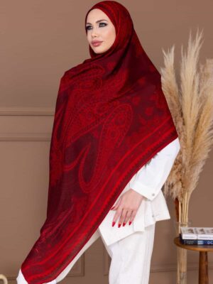 Vişne Buta Desen Yün İpek Şal