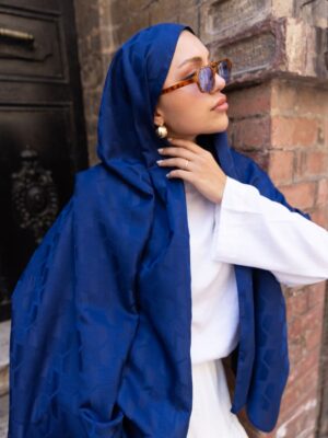 Dalga Desen Pamuk İpeksi Jakar Şal-53354-Lacivert