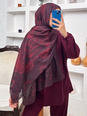 Sarmaşık Desen Pamuk İpek Şal -41200- Vişne Çürüğü