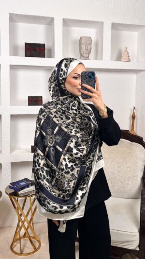 Leopar Çift Taradlı Vual İpek Şal 11143 - Ekru Haki