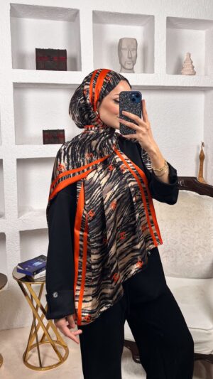 Channel Çizgili leopar çifttaraflı vual ipek şal-43080 Turuncu