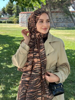 Chanel Çizgili Leopar Pamuk Soft Şal 54120 - Kahve