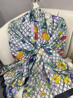 Çiçek Desen Pamuk Soft Şal 65355 - Siyah/Beyaz