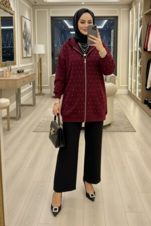 Taşlı Kapüşonlu Sweat Hırka HRK100365  - Bordo