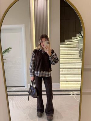 Cosy Gömlek Detaylı Triko Pantolon Takım-Kahve-Toprak