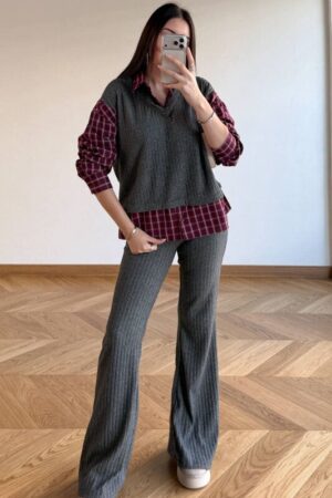 Cosy Gömlek Detaylı Triko Pantolon Takım-Antrasit