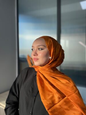 Kabartma Desenli Kazayağı İpeksi Jakar Şal - 52320 -Kiremit