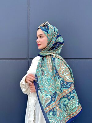 Harem  Desen Pamuk İpek Şal-30000-Gece Turkuazı