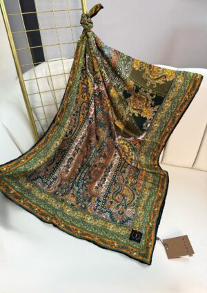 Touch İthal Etnik Desen Yün İpek Şal-35110-Mint-Kiremit