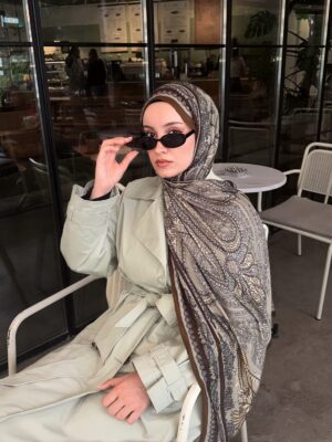 Touch İthal Etnik Desen Yün İpek Şal- Tarçın-Haki