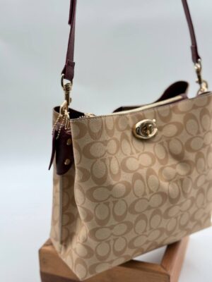 Coach Gofraj baskılı kilitli büzgülü bordo camel çanta