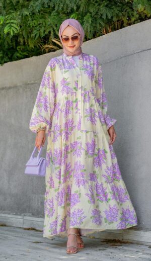 Mimoza Desenli Elbise L100138 -Lavanta