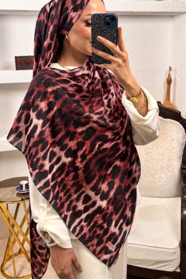 Bordo Leopar Desen Pamuk Şal