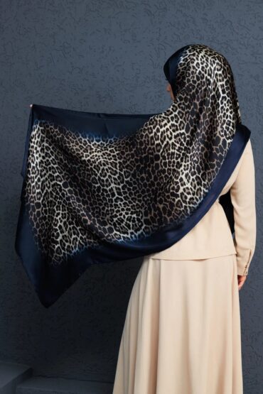 Lacivert Leopar Vual İpek Şal