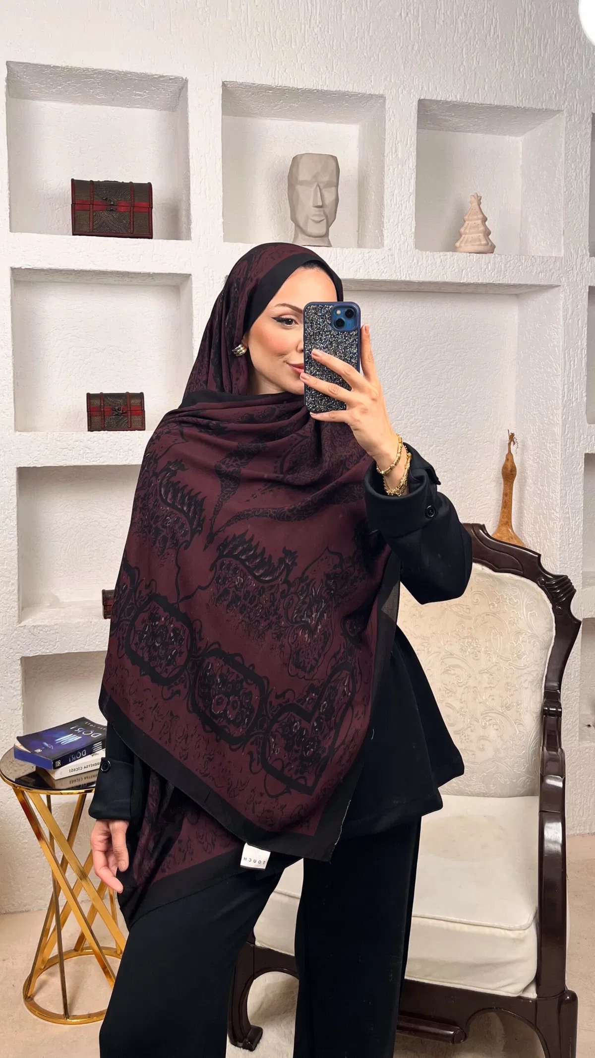 Bordo Ruku Desenli Pamuk İpek Şal