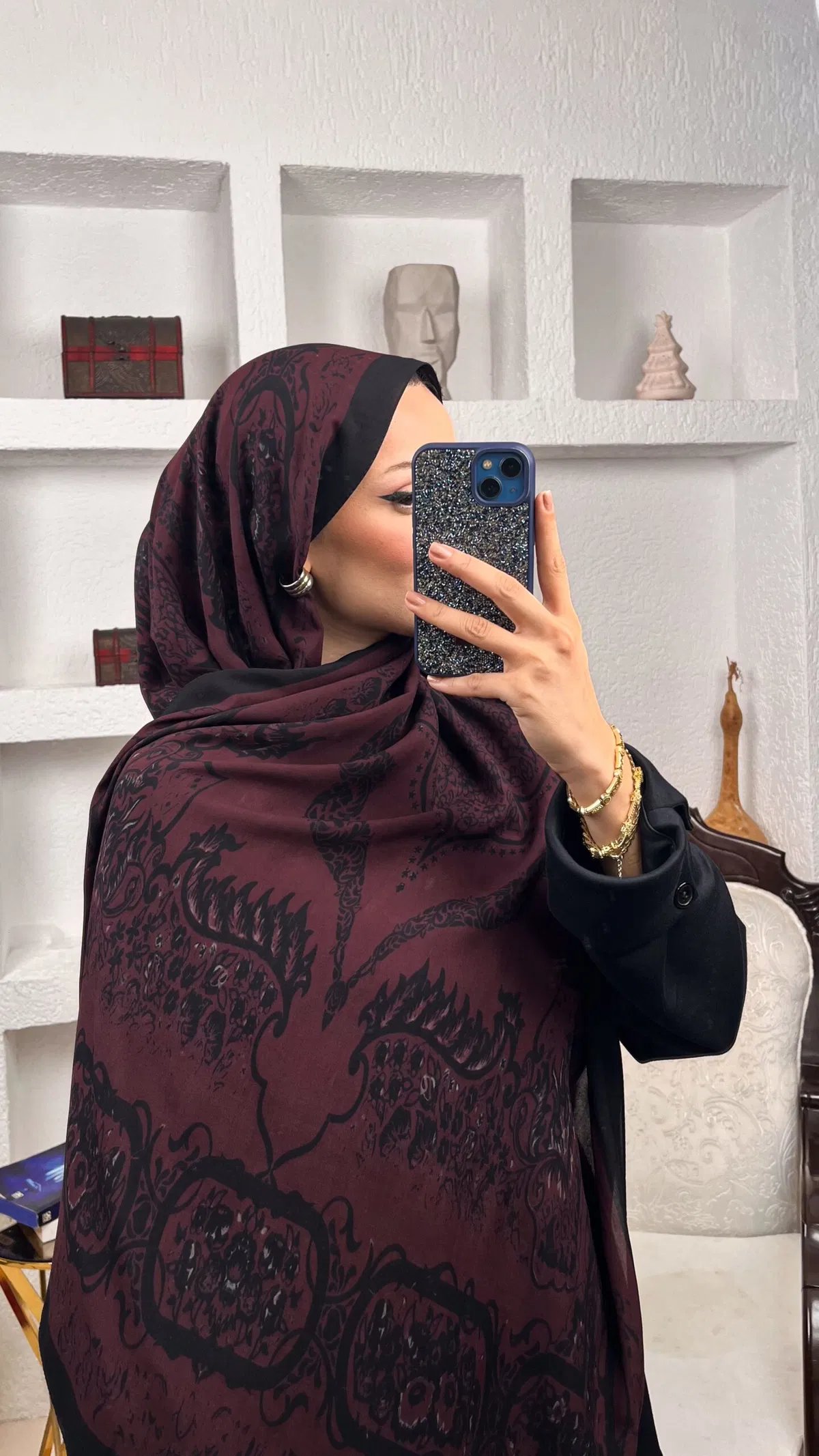 Bordo Ruku Desenli Pamuk İpek Şal - Görsel 2