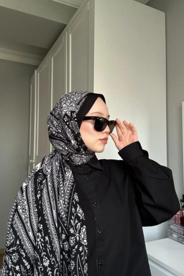 Siyah Damask Desen Pamuk İpek Şal