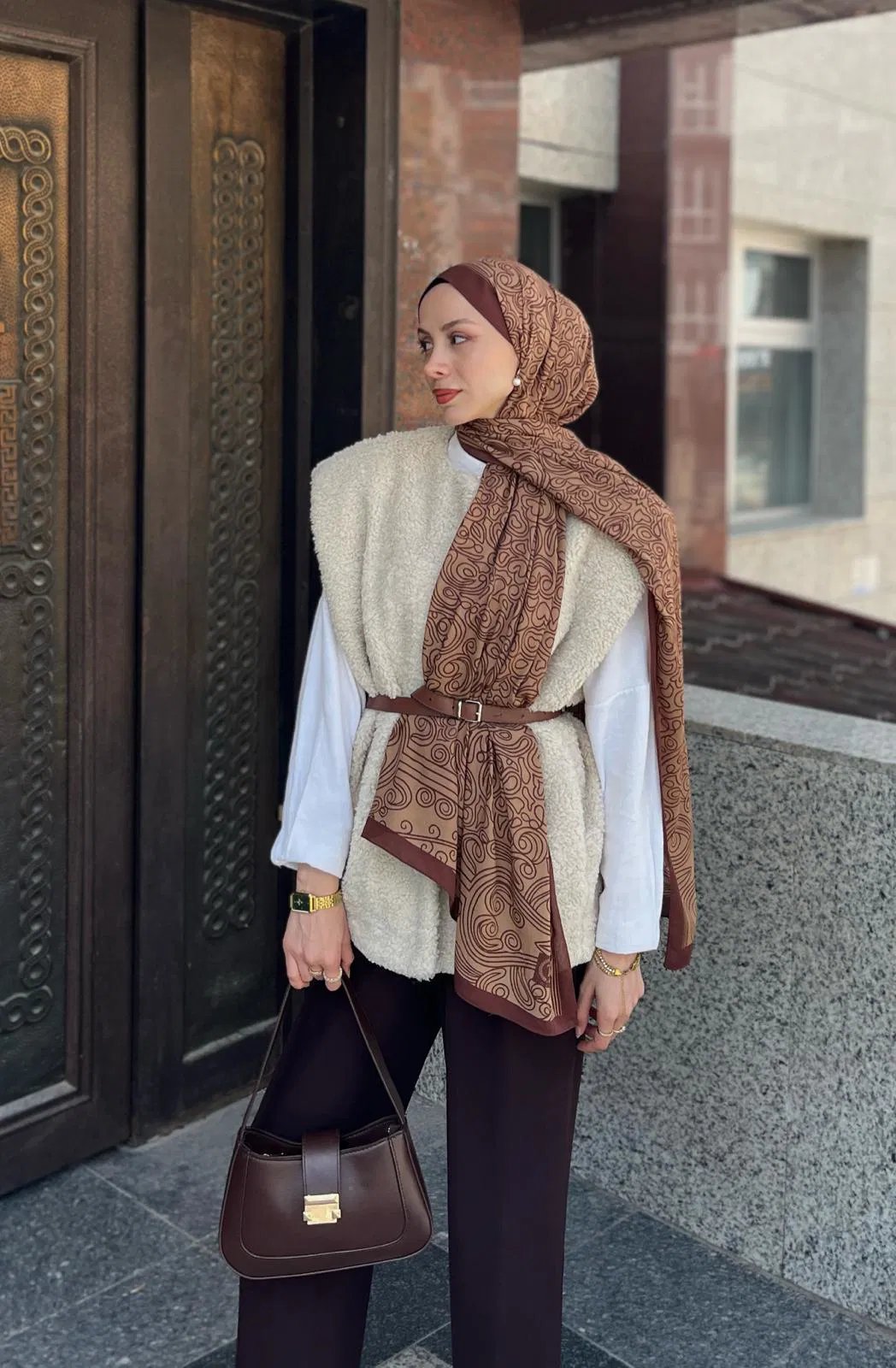 Mocha Ebruli Desen Pamuk İpek Şal