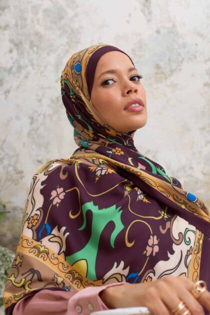 Kahve İberya Işığı Desen Pamuk İpek Şal