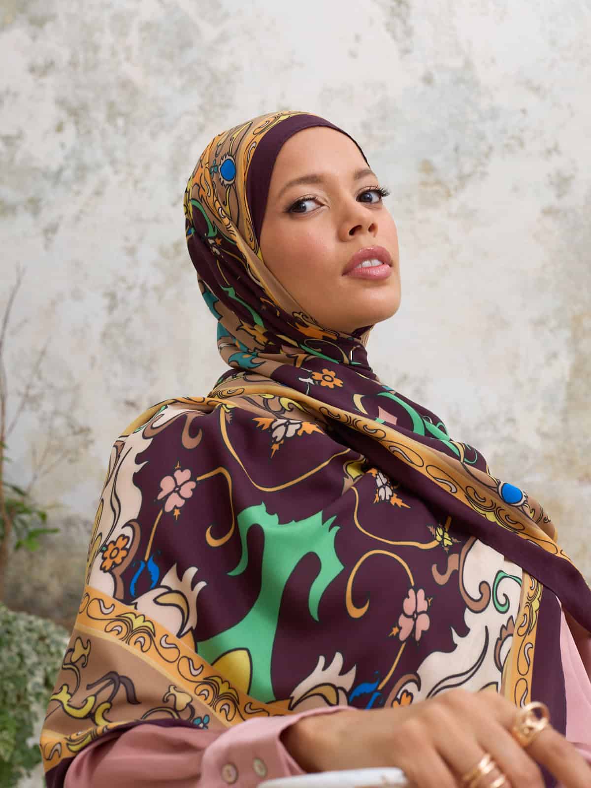 Kahve İberya Işığı Desen Pamuk İpek Şal