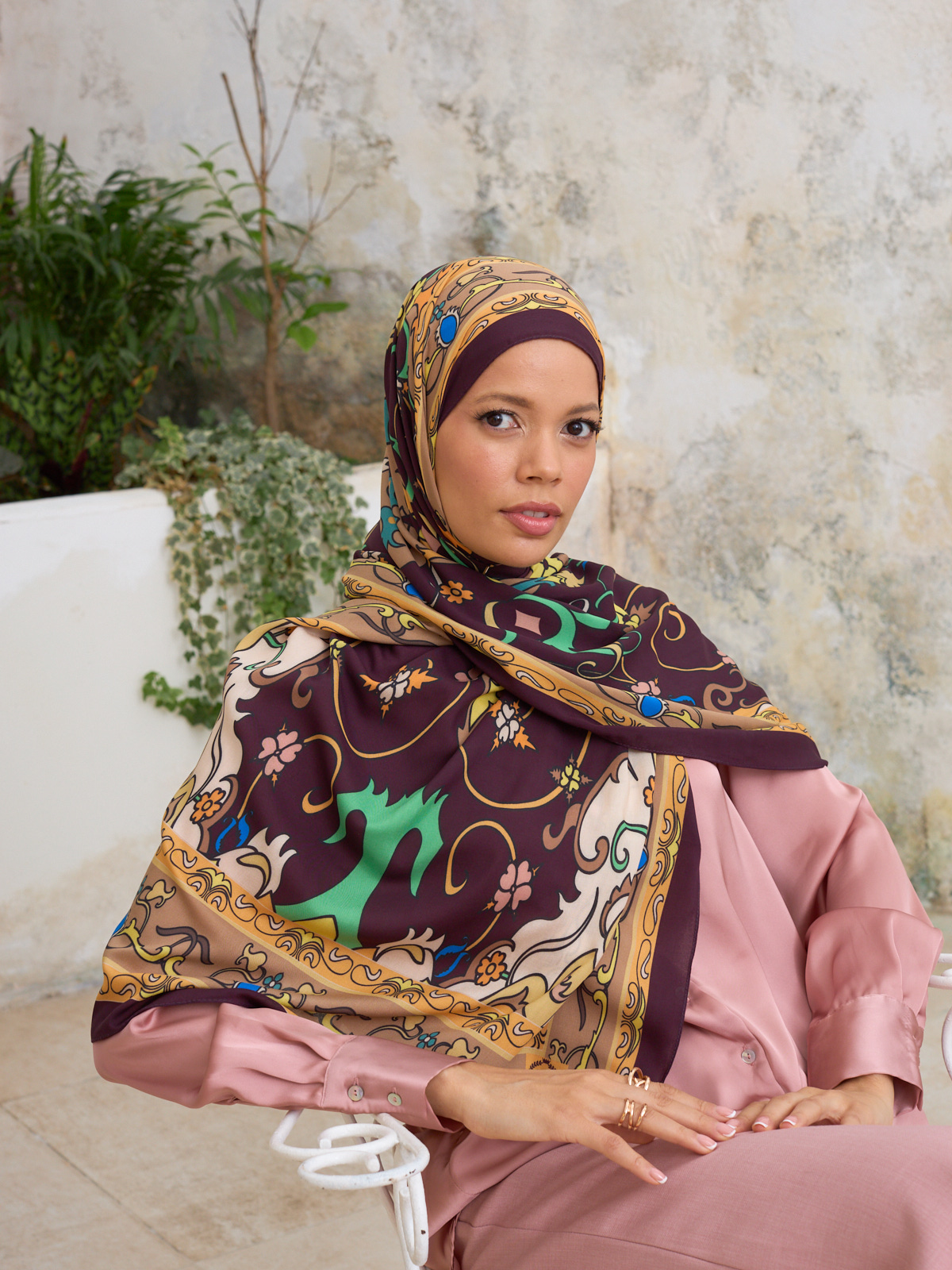 Kahve İberya Işığı Desen Pamuk İpek Şal - Görsel 4