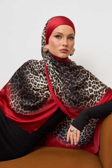 Bordo Leopar Vual İpek Şal
