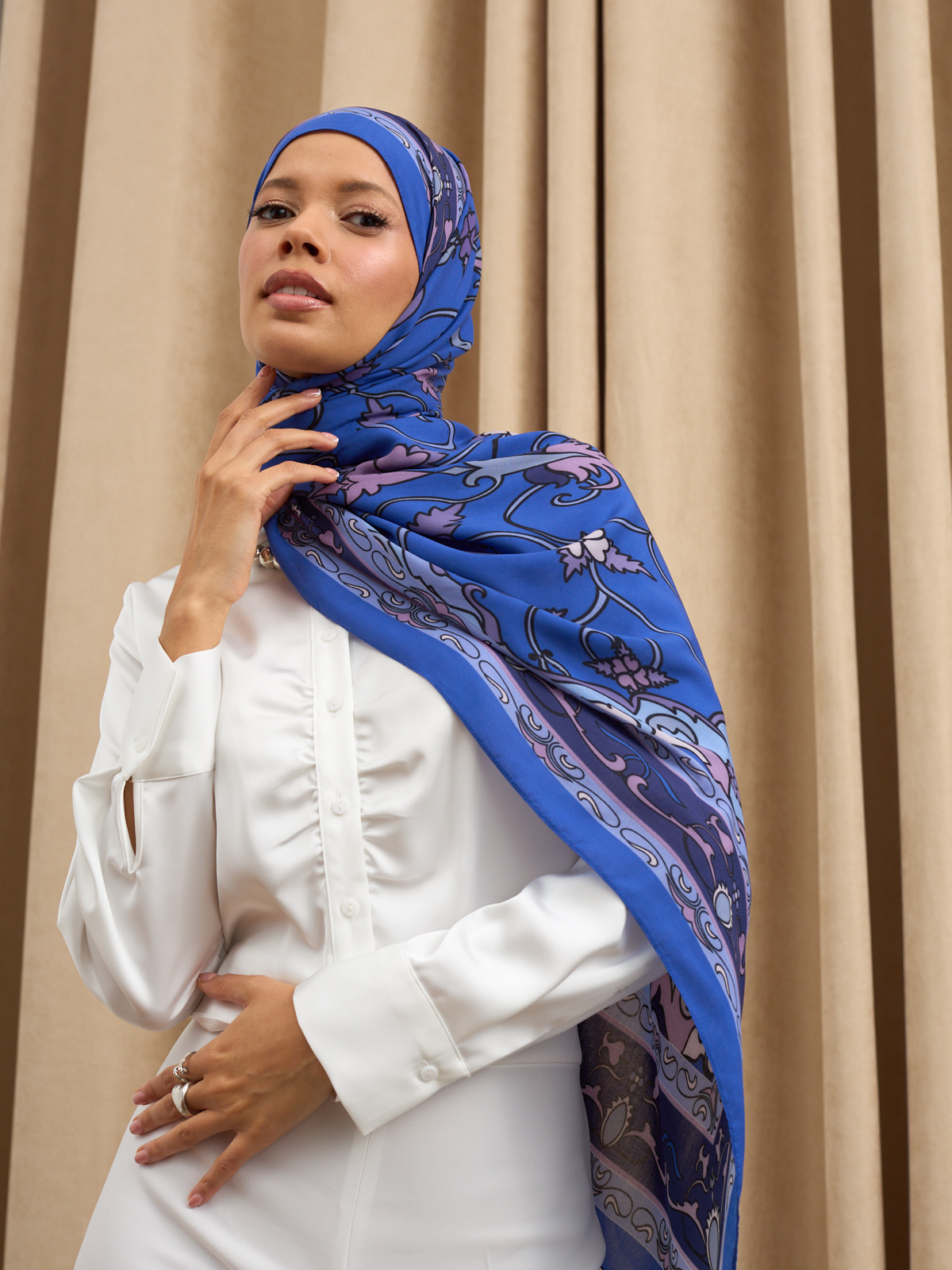 İndigo İberya Işığı Desen Pamuk İpek Şal - Görsel 2