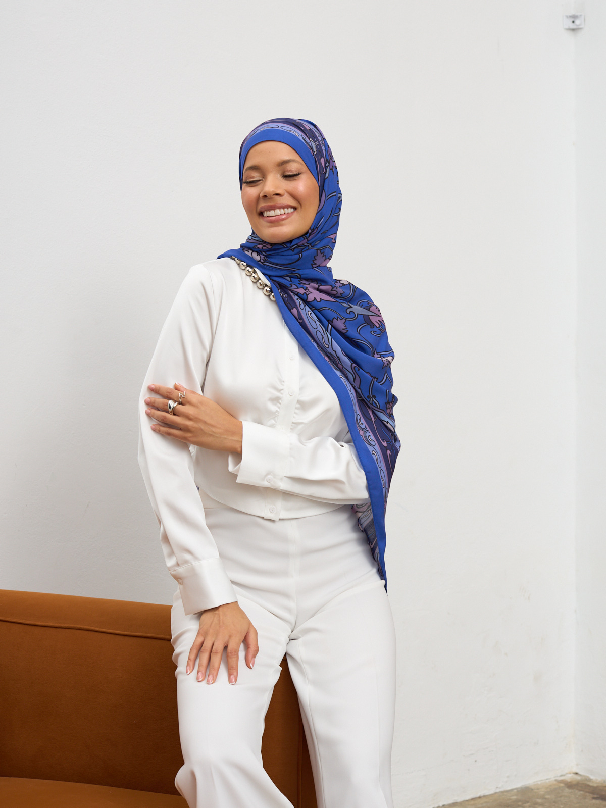 İndigo İberya Işığı Desen Pamuk İpek Şal - Görsel 3