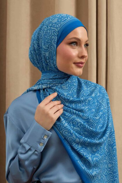 Mavi Ebruli Desen Pamuk İpek Şal