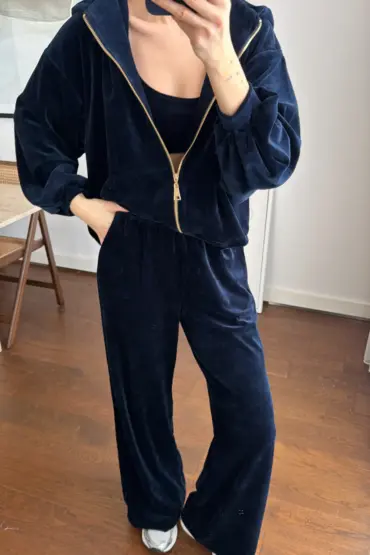 Velvet Kadifeli Üçlü Takım - Lacivert