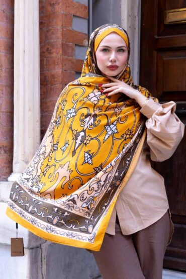 Hardal İberya Işığı Desen Pamuk İpek Şal