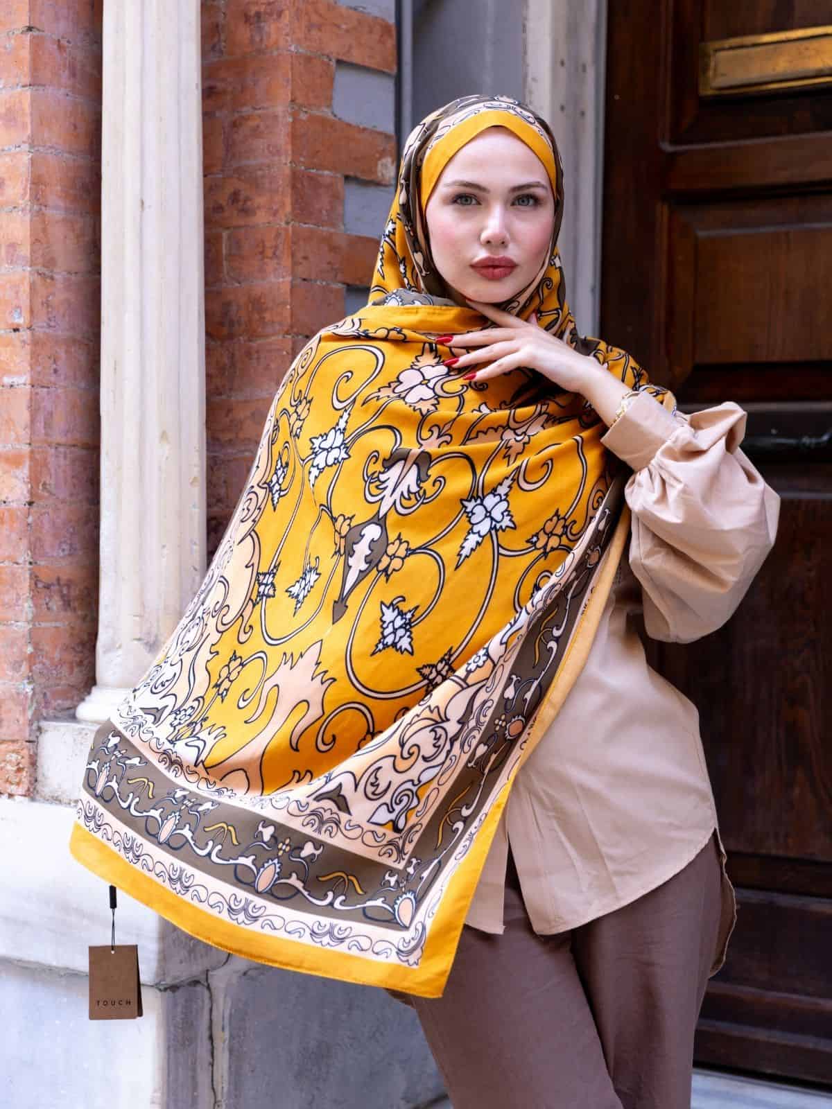 Hardal İberya Işığı Desen Pamuk İpek Şal