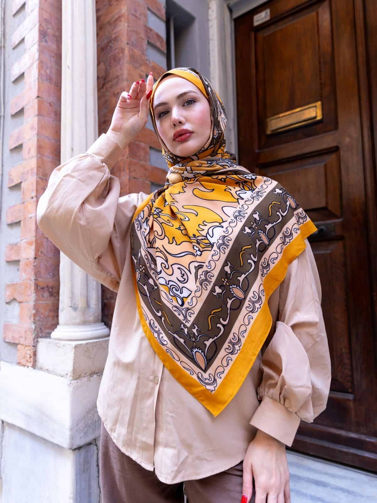 Hardal İberya Işığı Desen Pamuk İpek Şal - Görsel 2