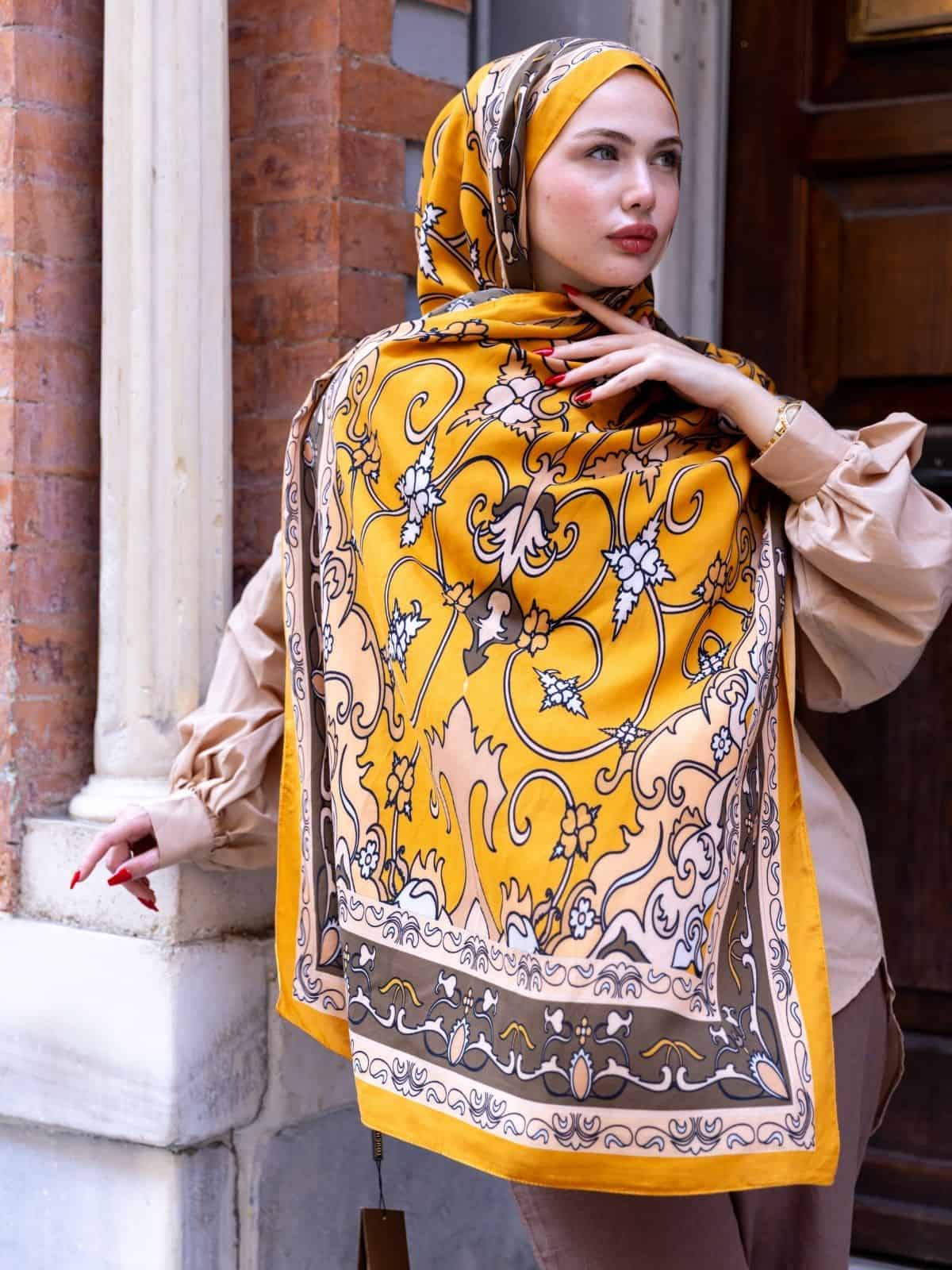 Hardal İberya Işığı Desen Pamuk İpek Şal - Görsel 3