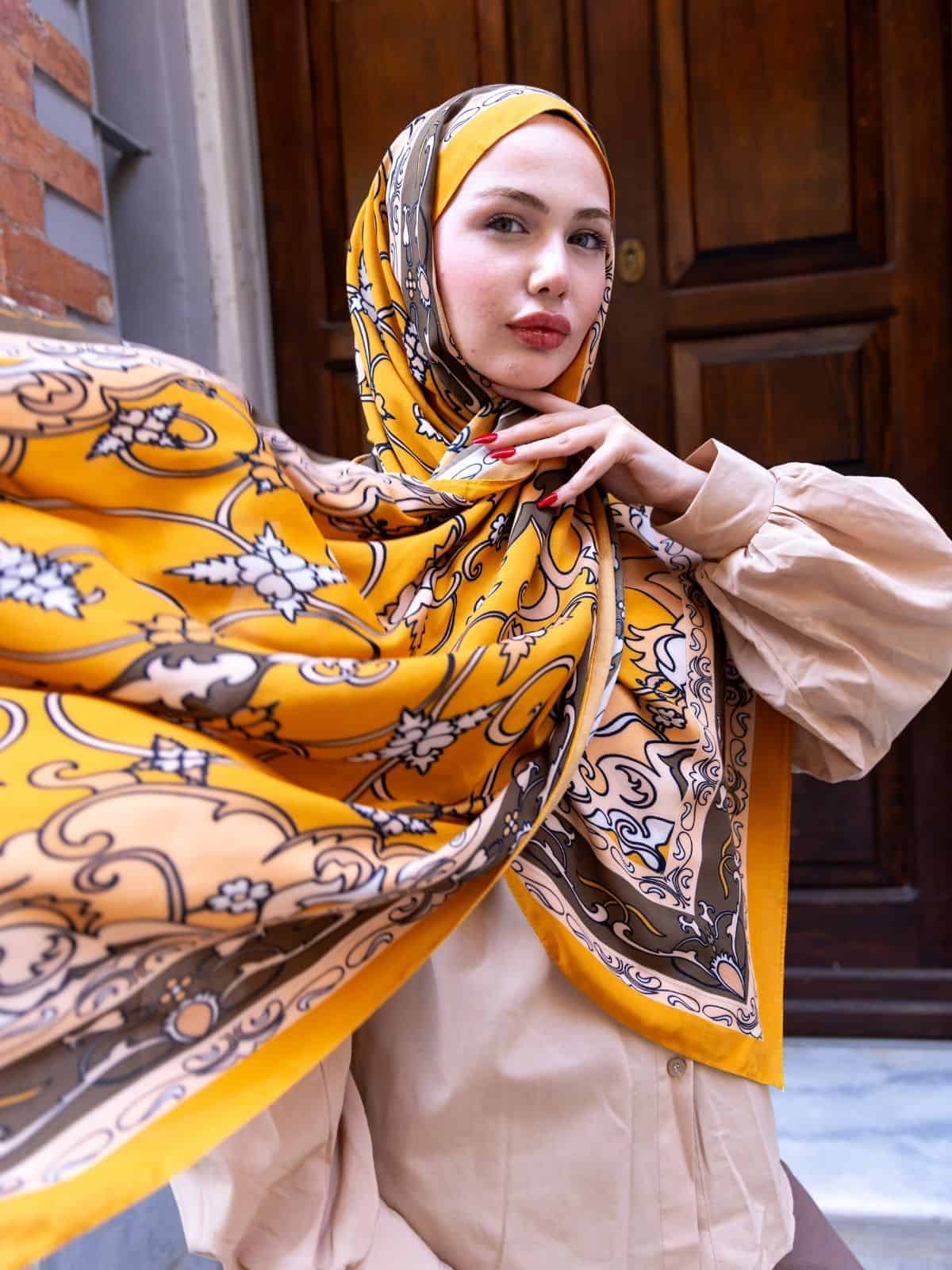 Hardal İberya Işığı Desen Pamuk İpek Şal - Görsel 4