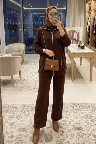 Premium Oys Şeritli İkili Takım TK100244 -Acı Kahve