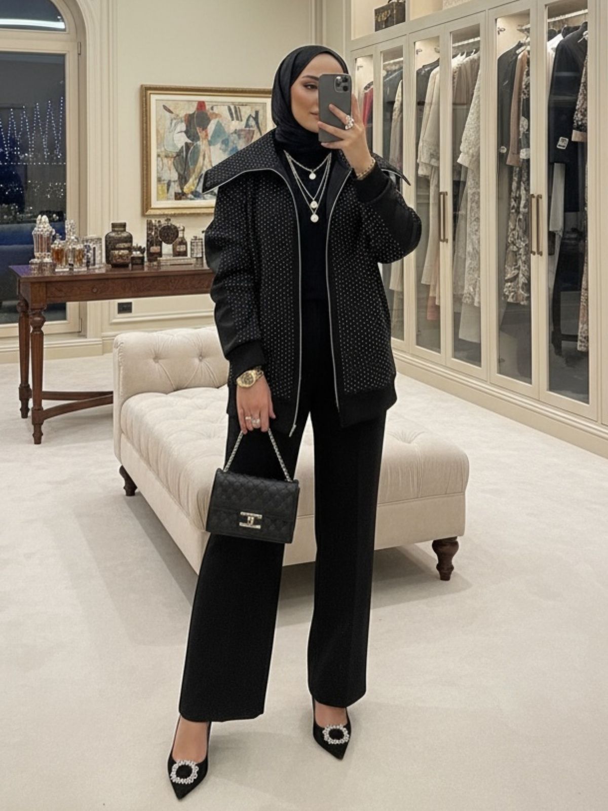 Kamelya Taş İşlemeli İkili Takım TK100369 - Siyah