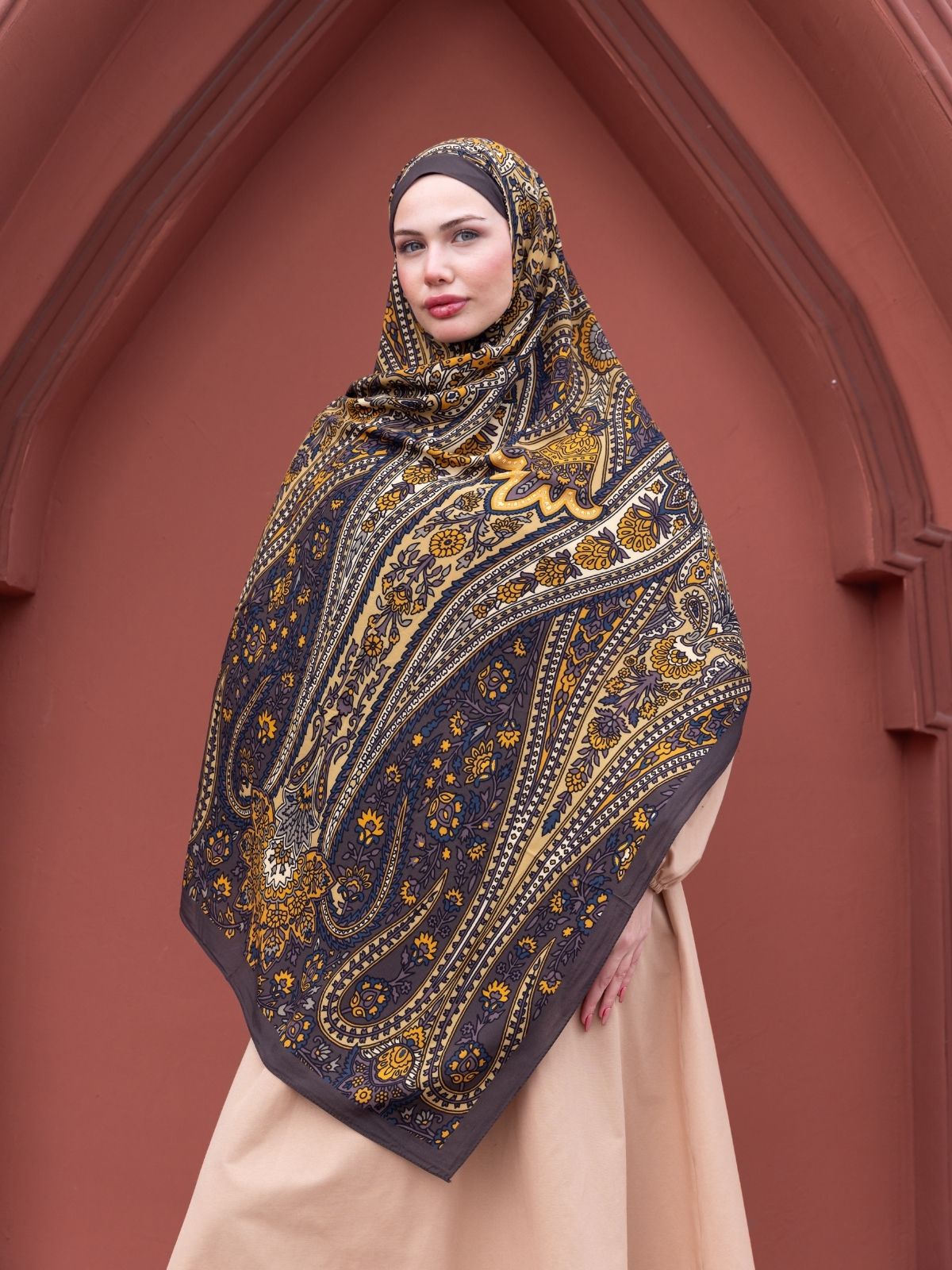 Mocha Damask Desen Pamuk İpek Şal - Görsel 2