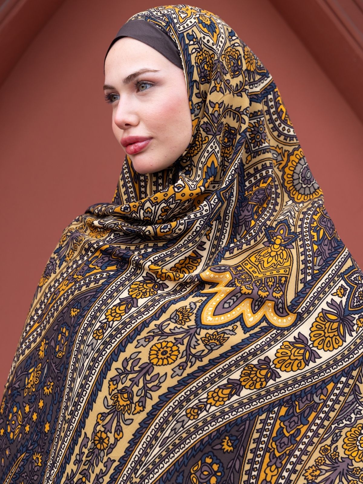 Mocha Damask Desen Pamuk İpek Şal - Görsel 3