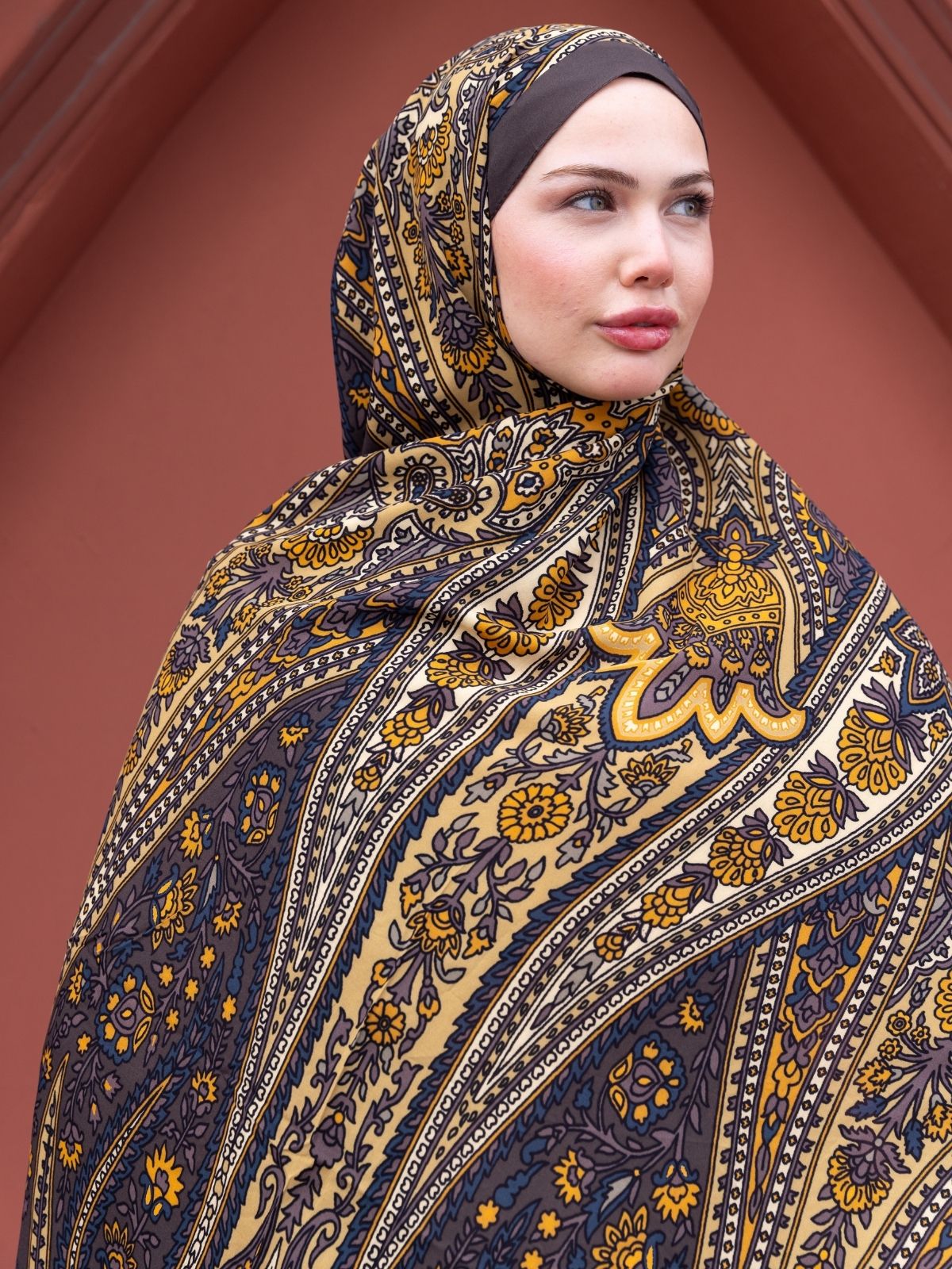 Mocha Damask Desen Pamuk İpek Şal - Görsel 4