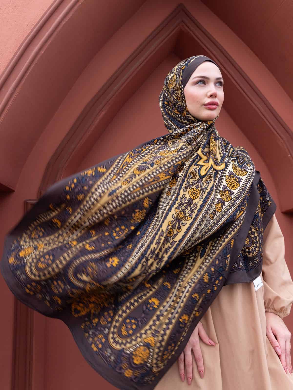 Mocha Damask Desen Pamuk İpek Şal