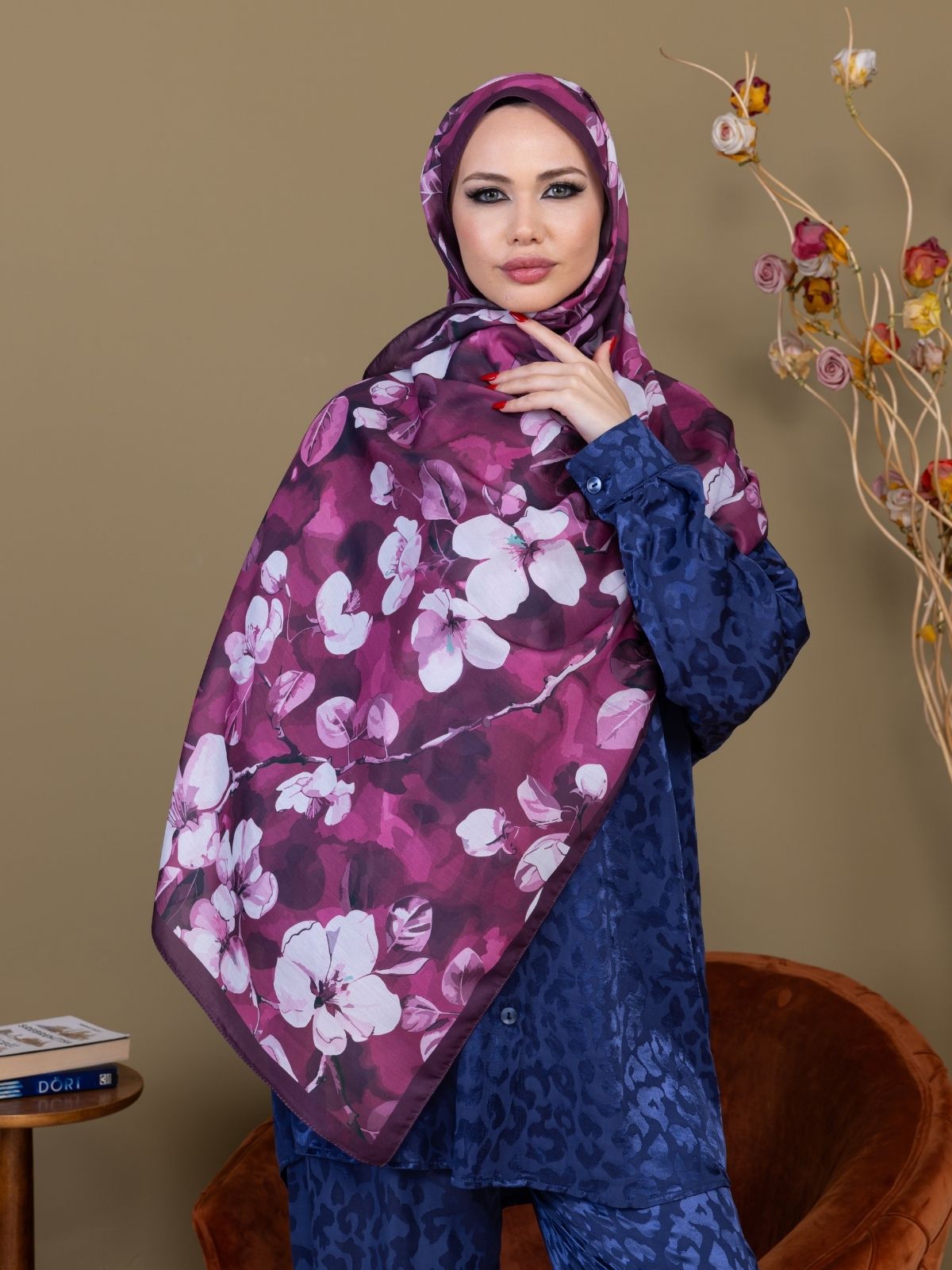 Mürdüm Eriği Papatya Desen Pamuk Şal - Görsel 2