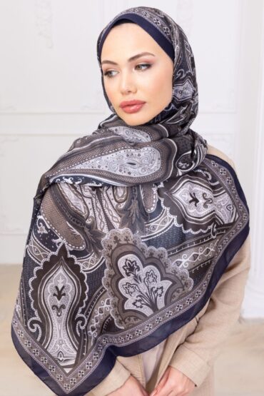 Lacivert Etnik Desen Pamuk Şal